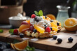 Sweet homemade belgian waffle with whipped cream and fruits. AI