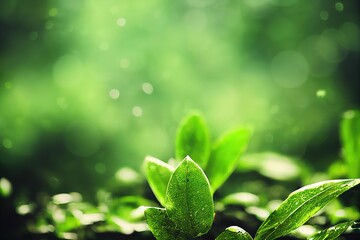 Poster - Fresh small plant sprouts growing under spring sunlight background., created with generative ai