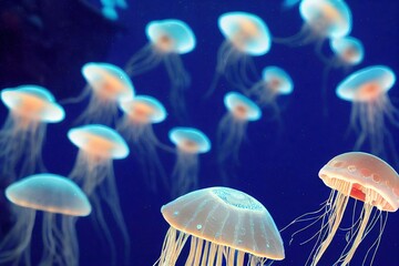 Wall Mural - Beautiful jellyfish floating in deep sea ocean water. Dangerous poisonous underwater ecosystem representative invertebrate mollusk swimming., created with generative ai