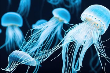 Poster - Dancing neon blue glowing jellyfish floating bell in water. Underwater sea life, marine toxic creature, aquatic wildlife beautiful background wallpaper., created with generative ai