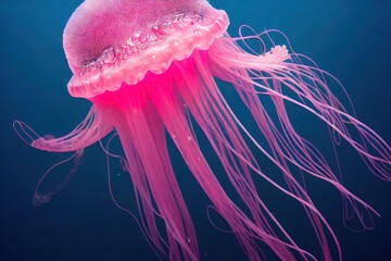 Wall Mural - Spectacular illuminated jellyfish in deep water closeup view. Medusa chrysaora pacifica underwater creature with atinous umbrella shaped bell and trailing tentacles., created with generative ai