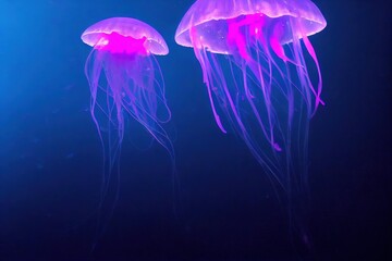 Wall Mural - Smack of purple fluorescent jellyfish floating in aquarium depth. Medusa chrysaora pacifica underwater marine life abstract natural background., created with generative ai