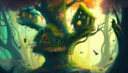 Tree houses in green fantasy forest. Trees in fairy tale enchanted woodland. Whimsical flying creatures. Generative AI