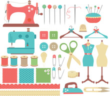 Set Of Beautiful Sewing Clipart. Set Of Various Sewing Tools And Accessories. Sewing Accessories.
