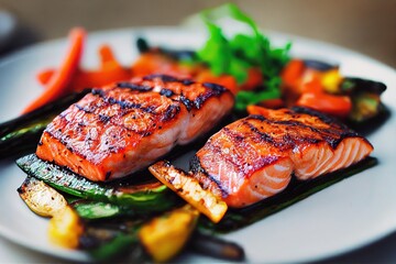 Wall Mural - Prepared grilled salmon fish dish with vegetables on plate closeup., created with generative ai