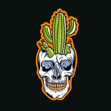 Hand Drawn Illustration Of Skull Head And Cactus Vector Design