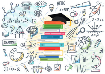 education concept. school subjects doodle with stack of books and academic cap. textbooks stack.