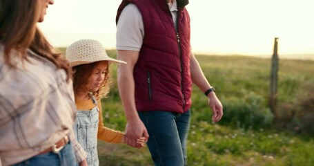 Poster - Family, mother and father with girl on farm walking, holiday and countryside for fun, relax and happy together. Mom, dad and with child or daughter for vacation being cheerful, joyful and bonding.