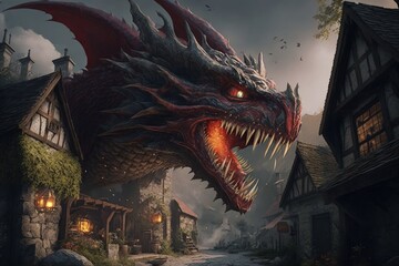 Dragon attacking middle ages village, dragon wallpaper, Generative AI