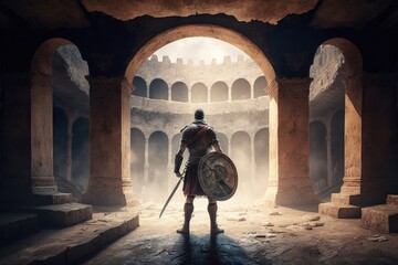 Wall Mural - Roman gladiator inside the coliseum, Gladiator inside battle arena, Generative AI
