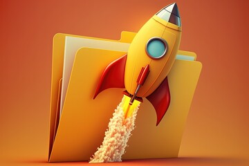 Wall Mural - rocket taking off and file folder on orange background, generative ai