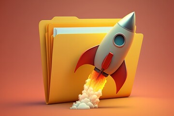 Wall Mural - rocket taking off and file folder on orange background, generative ai