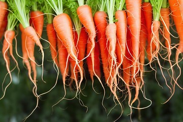 Sticker - Orange carrots vegetables food with green tops background. Natural healthy diet., created with generative ai