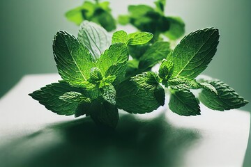 Wall Mural - Growing green peppermint herb leaves closeup background 3D render digital illustration., created with generative ai