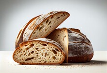 Home-baked Sourdough Bread Slices On White Background. Generative AI