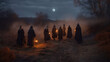 Coven of witches. viewed from the back. secret dark ceremony, ritual, Walpurgis night, Halloween. 