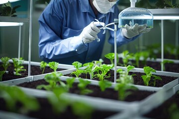 Wall Mural - Farmer installing and checking drip irrigation for organic vegetables in hydroponic farm for active germination and high quality growth and harvest crop cultivation., created with generative ai