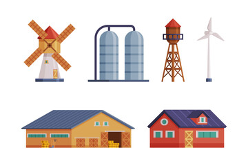 Poster - Farm Object with Timbered Red Barn, Windmill and Water Tower Vector Set