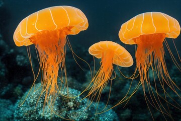 Wall Mural - Fantastic golden yellow jellyfish in sea water. Illuminated aquatic undersea creature with majestic flow swimming in ocean depth., created with generative ai