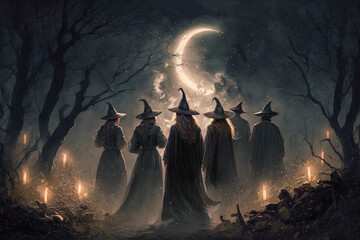 Coven of witches. viewed from the back. Walpurgis night, Halloween. Moon rising