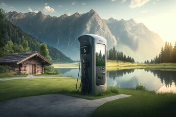 Poster - electric car charging station with a view of nearby natural landscape, created with generative ai