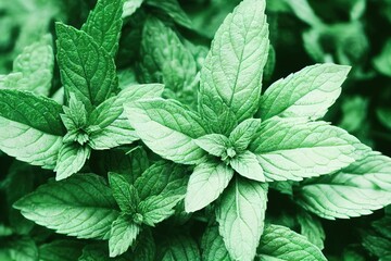 Canvas Print - Tops with leaves of fresh sprigs of peppermint close-up with veins, created with generative ai