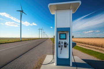 Sticker - electric car charging station, with view of open road and clear skies, created with generative ai