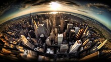 Big Metropolis City During Sunset, Fisheye Lens, Created Using Generative AI