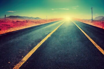 Sticker - Fuzzy motion asphalt highway road reaching forward at sunset scene abstract background. Countryside driveway with dividing line wallpaper panoramic view travel landscape., created with generative ai