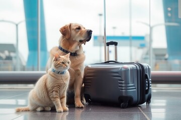 Cat and dog with a suitcase at the airport. Generative AI