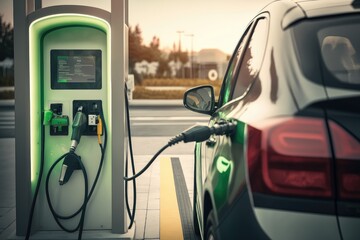 Sticker - person, plugging in electric car at gas station, with pump and fuel visible, created with generative ai