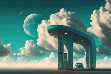 Sticker - electric car charging station with overhead view of the sky, producing a serene atmosphere, created with generative ai