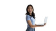 Asian woman in casual clothes holding working laptop in freelance work concept with single laptop can earn money, Invitation to apply or register to receive special privileges and prizes.