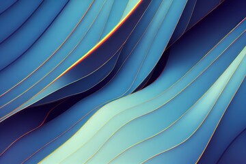 Wall Mural - Abstract background with blue diagonal wavy stripes with golden stroke, created with generative ai