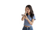 Young woman looking frustrated or depressed after losing playing games on mobile phone, Playing Games On Smartphone, Make an angry face and frown, Upset, Lost bet.