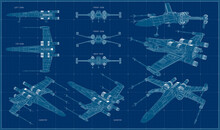 Space Fighter. Spaceship In Three Projections And Isometry. Blueprint. Drawing On A Blue Background.
