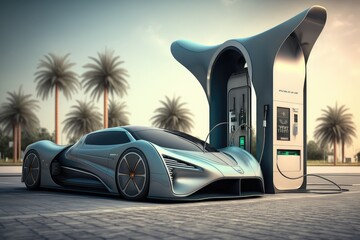 Poster - aerodynamic electric car charging up its battery at sleek, futuristic charging station, created with generative ai