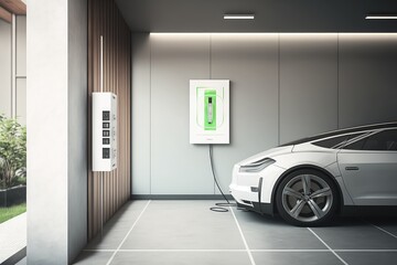 Poster - electric car charging station in modern office building, with sleek design and high-tech features, created with generative ai