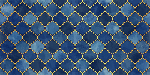 Moroccan Seamless Pattern. Arabic Mosaic Watercolor Ornament. Eid Mubarak Muslim Background. Ramadan Kareem Islamic Illustration. Turkish Mosque Window Shape.