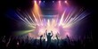 © AU USAnakul+ - Crowded concert festival with scene stage orange and yellow lights with colorful smoke rock show performance, people silhouette, colourful confetti explosion fired. Generative AI Technology