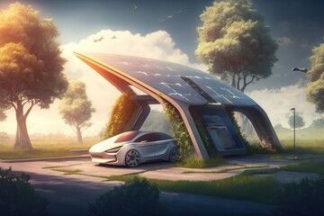 Sticker - electric car charging station in a futuristic landscape, with solar panels and greenery, created with generative ai