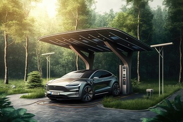 Wall Mural - electric car charging station in a futuristic landscape, with solar panels and greenery, created with generative ai