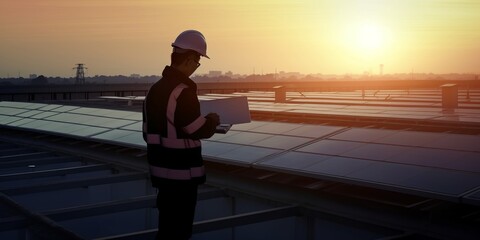 Poster - Architect and engineer work to the maintenance of Solar photovoltaic rows array of roof mount system Installation. Producing alternative energy for sustainable development.Generative AI technology.