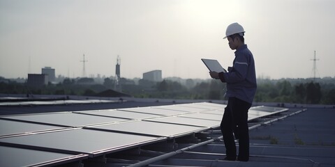 Poster - Architect and engineer work to the maintenance of Solar photovoltaic rows array of roof mount system Installation. Producing alternative energy for sustainable development.Generative AI technology.