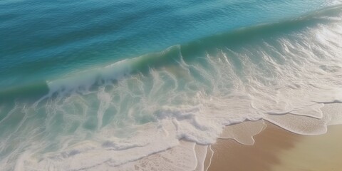 Wall Mural - Aerial view of clear turquoise sea clean ocean waves breaking on white sand beach with turquoise emerald coloured water. Generative AI