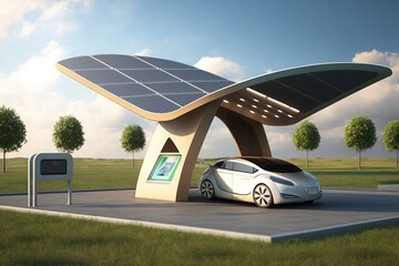 Poster - electric car charging station with solar panels on the roof, created with generative ai