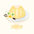 National Vanilla Pudding Day vector illustration. Vanilla pudding dessert icon vector. Creamy dessert with whipped cream on a plate drawing. May 22 each year. Important day