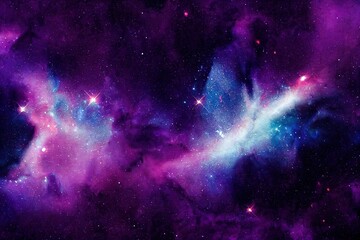 Canvas Print - Abstract purple watercolor nebula with stars background digital illustration., created with generative ai