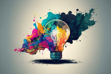 Colored creativity light bulb paint splash explosion. Colorful electricity and painting creativity concept idea. Ai generated