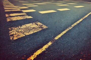 Poster - Old cracked textured asphalt road with traffic marking rough abstract background. Aged grainy urban roadway with stripe, fissure and decay seamless pattern., created with generative ai